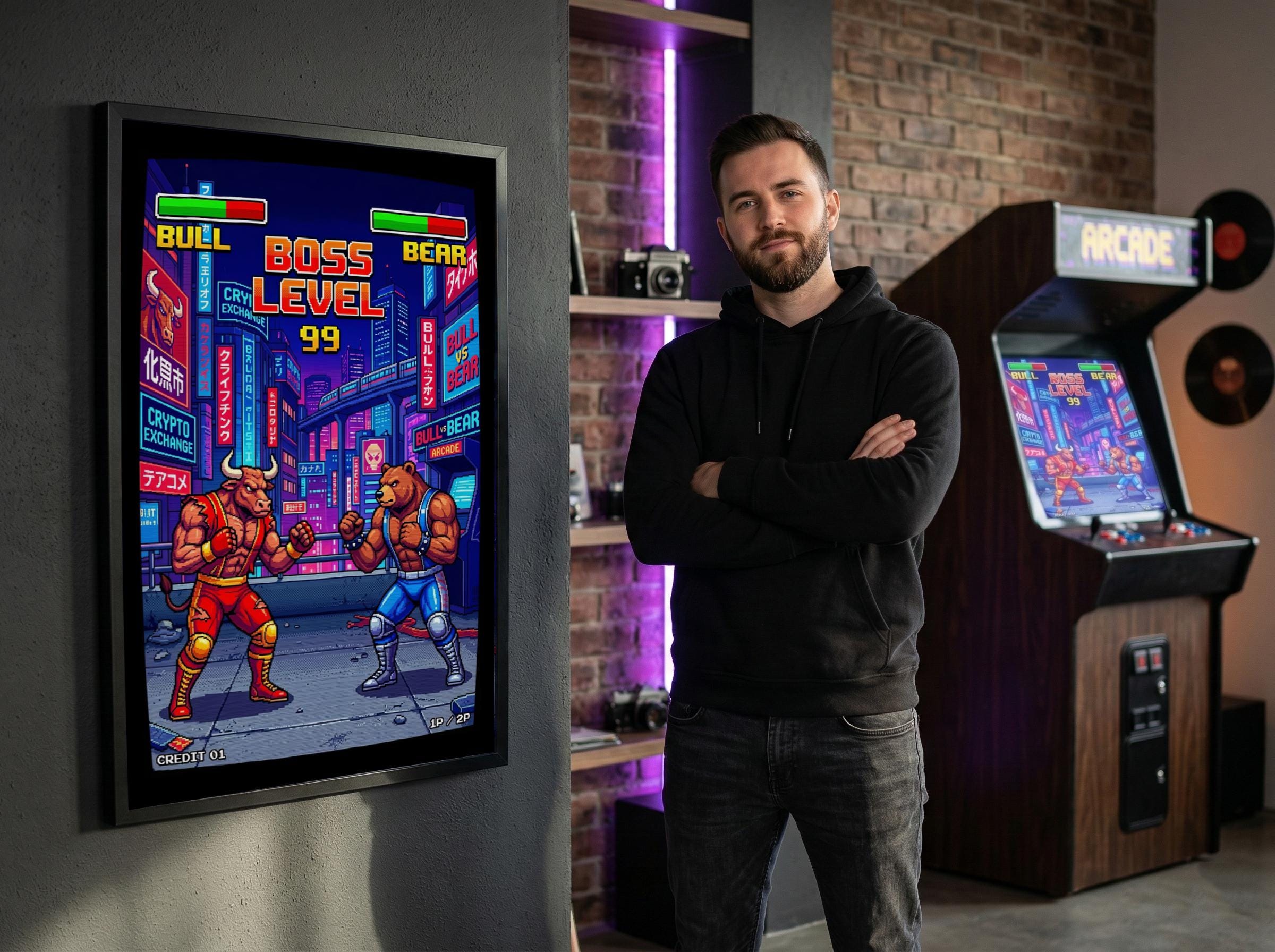 Retro Oyun Boğa Ayı Dövüşü Posteri | 80'ler Arcade Piksel Sanatı | Borsa Kripto Duvar Dekoru | Neon Siberpunk Tokyo