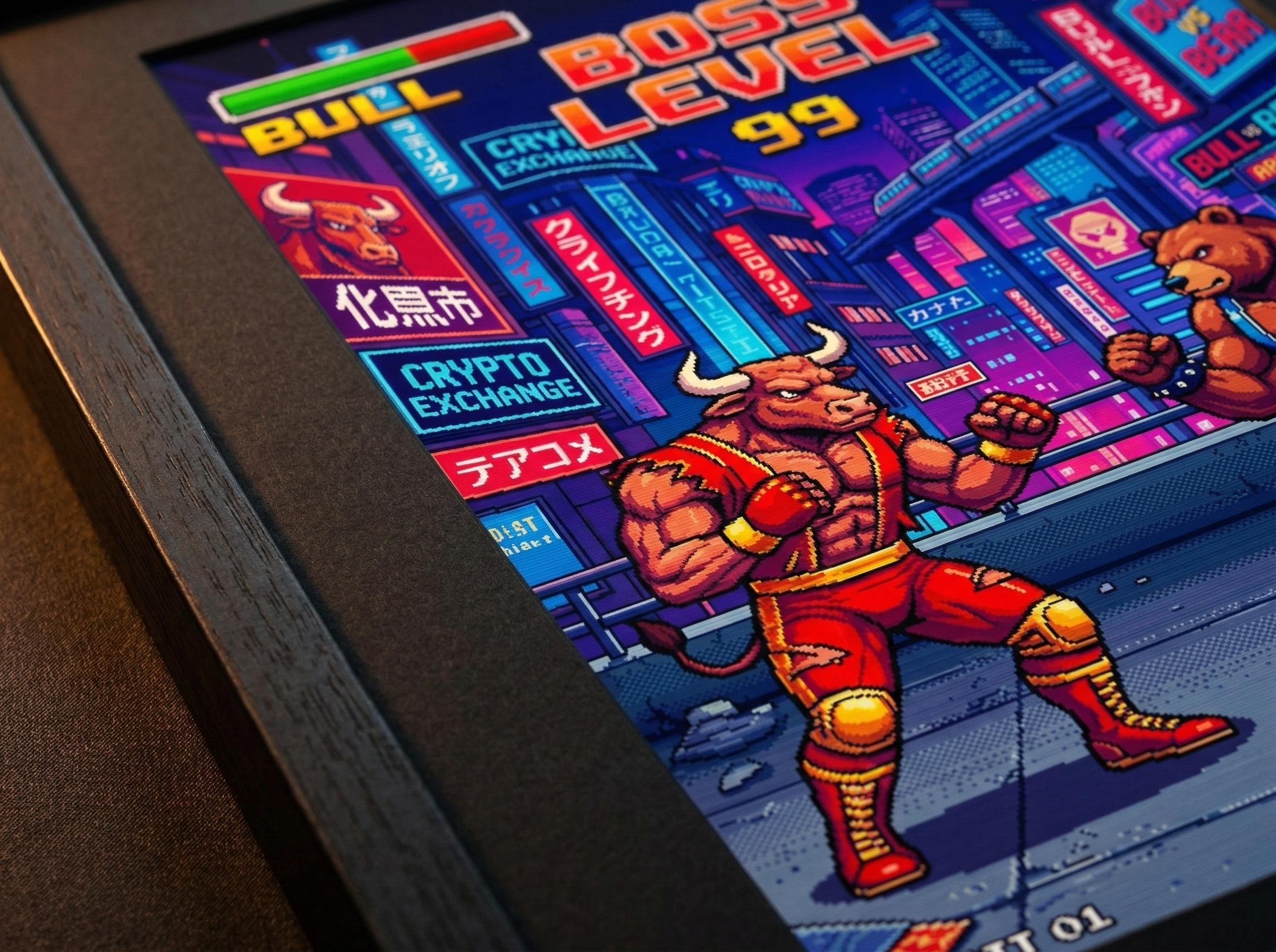 Retro Oyun Boğa Ayı Dövüşü Posteri | 80'ler Arcade Piksel Sanatı | Borsa Kripto Duvar Dekoru | Neon Siberpunk Tokyo