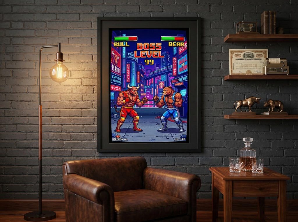 Retro Oyun Boğa Ayı Dövüşü Posteri | 80'ler Arcade Piksel Sanatı | Borsa Kripto Duvar Dekoru | Neon Siberpunk Tokyo