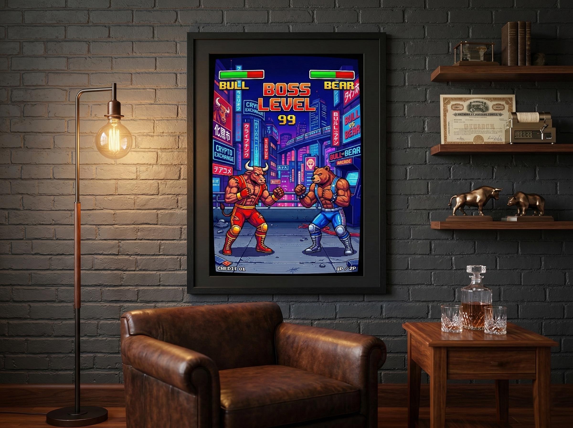 Retro Oyun Boğa Ayı Dövüşü Posteri | 80'ler Arcade Piksel Sanatı | Borsa Kripto Duvar Dekoru | Neon Siberpunk Tokyo