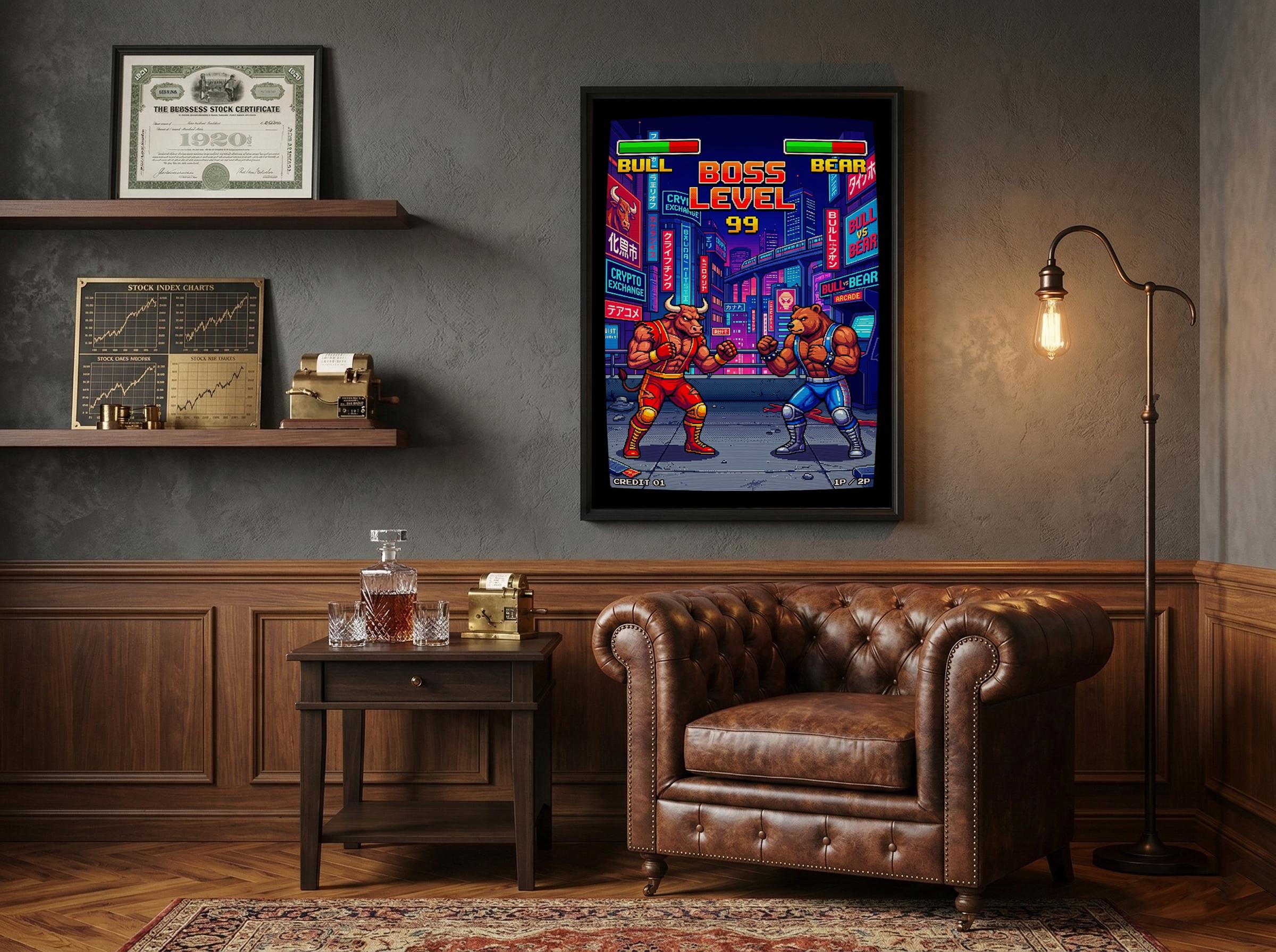 Retro Oyun Boğa Ayı Dövüşü Posteri | 80'ler Arcade Piksel Sanatı | Borsa Kripto Duvar Dekoru | Neon Siberpunk Tokyo