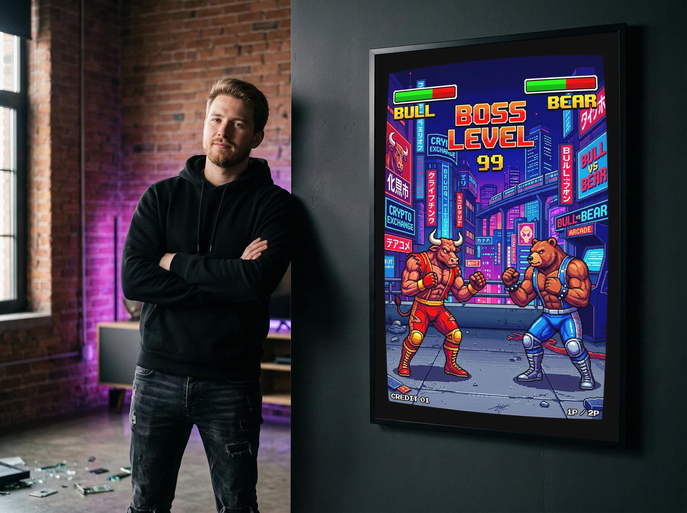 Retro Oyun Boğa Ayı Dövüşü Posteri | 80'ler Arcade Piksel Sanatı | Borsa Kripto Duvar Dekoru | Neon Siberpunk Tokyo